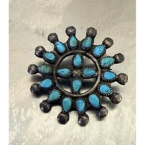 Vintage Zuni Style Turquoise Cluster Sterling Silver Brooch Pin
